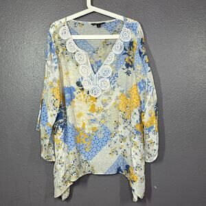 Zac & Rachel Top Womens 2X Floral Lightweight Boho 3/4 Sleeve Crochet Yellow